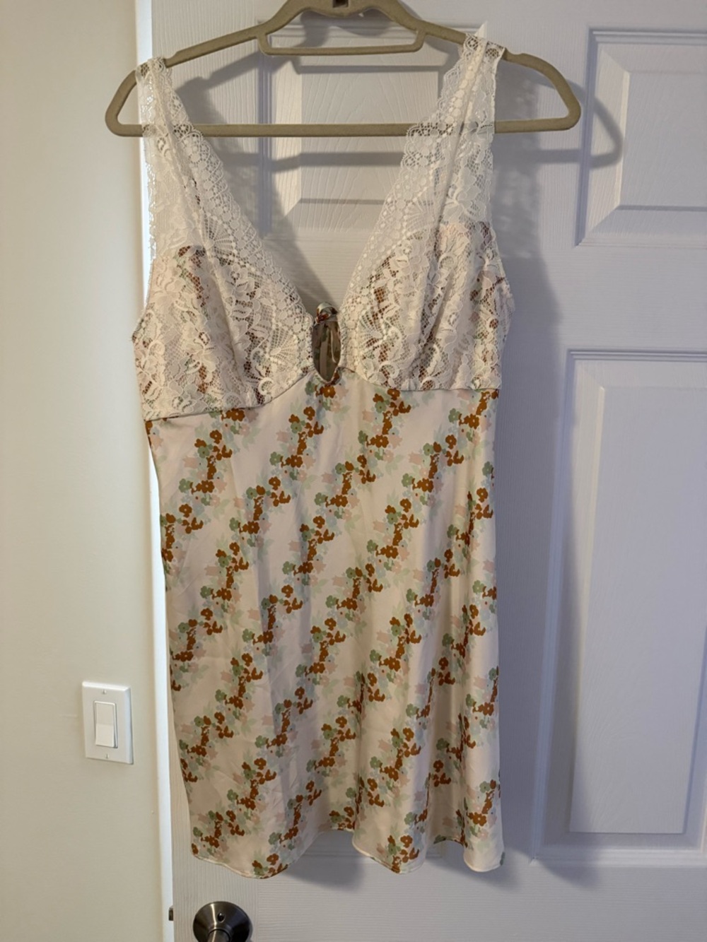 Free People Lace-Top Floral Slip Dress in White, Brown, Green
